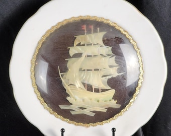 Abalone or Mother of Pearl Vintage Sea Shell Sailing Ship Inside Glass Dome on a 9.25&quot; Porcelain Plate