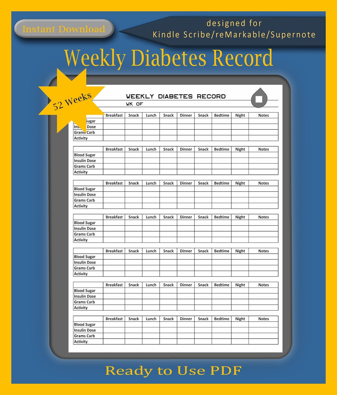 Diabetes Blood Glucose Log/health Monitor PDF Yearly Log , 52 Weeks for
