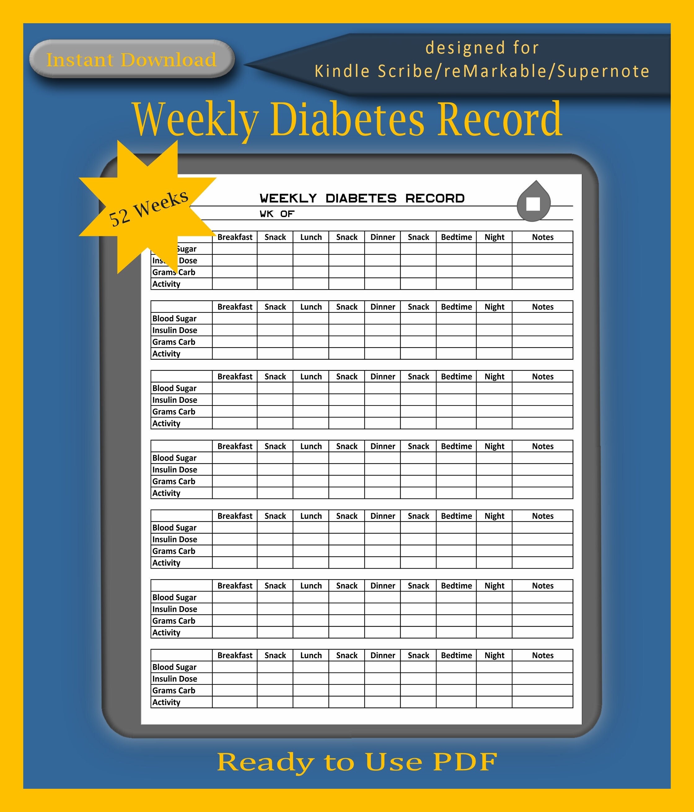 Diabetes Blood Glucose Log-blood Sugar Tracking PDF 52 Weeks
