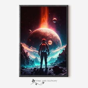 Un explorateur, debout sur un monde extraterrestre, surveillant son environnement.| Impression AI abstraite | Art imprimable ! SciFi_002