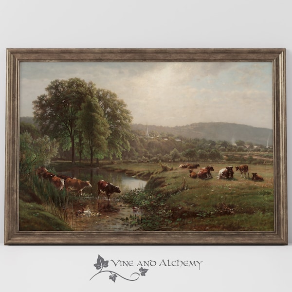 Vintage Painting of Cattle in Pasture Captures the Sense of Serenity and Contentment of Rural Life | 008