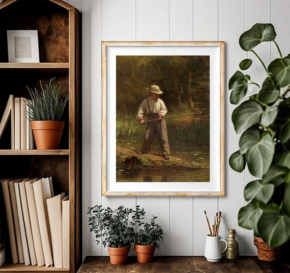 Vintage Painting Boy With Fishing Pole Wall Decor Muted Colors Beautiful  Light Calm Nature Digital Download Lndscp_007 