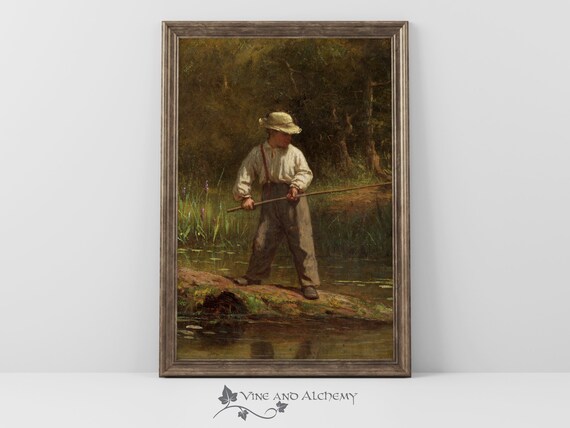 Vintage Painting Boy With Fishing Pole Wall Decor Muted Colors