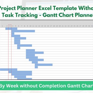 Op de afbeelding: Een Excel-sjabloon voor projectplanning met een Gantt-diagram. Het diagram toont blauwe balken die taken over een tijdlijn weergeven. De tekst bovenaan luidt "Project Planner Excel Template Without Task Tracking - Gantt Chart Planner".