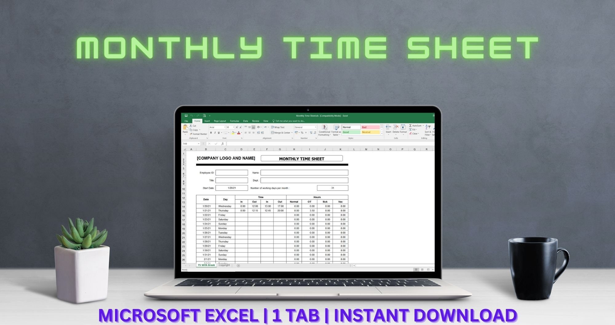 Monthly Employee Timesheet Tracking Excel Template Etsy