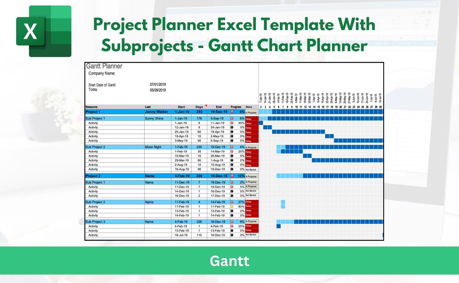 Example Project Planner Excel Project Planner Excel Template With Subprojects - Gantt Chart Planner ...