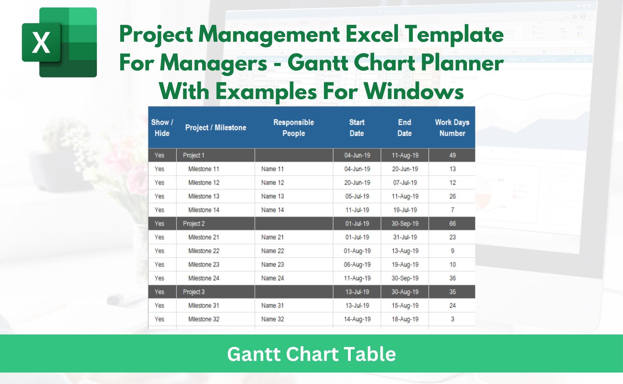 Project Management Excel Template for Managers - Gantt Chart Planner ...