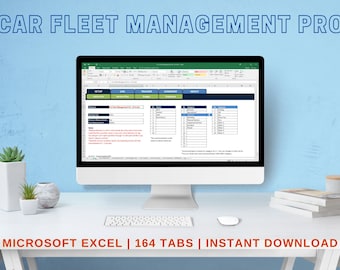 May include: A computer screen displaying a Microsoft Excel spreadsheet titled "Car Fleet Management Pro" with tabs for "Setup", "Goal", "Track", "Summary", and "About". The text "MICROSOFT EXCEL | 164 TABS | INSTANT DOWNLOAD" is displayed below the computer screen.