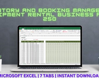 May include: A laptop computer displaying a Microsoft Excel spreadsheet with the title "Inventory and Booking Manager for Equipment Rental Business Pro - 250". The spreadsheet has multiple tabs and is filled with data. The laptop is on a table with a plant and a coffee mug.