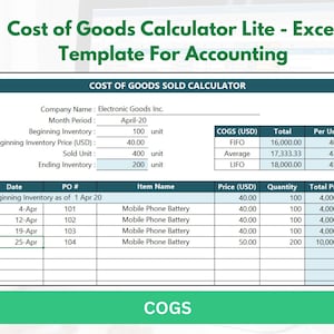 Calculadora de costo de bienes Lite: plantilla de Excel para contabilidad