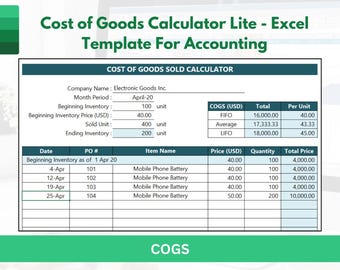 May include: A spreadsheet template for calculating the cost of goods sold. The template includes fields for company name, month period, beginning inventory, beginning inventory price, sold unit, ending inventory, COGS (USD), total, per unit, date, PO #, item name, price (USD), quantity, and total price. The template is designed for use in Excel.