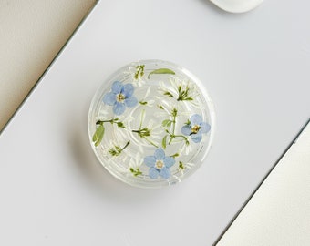 Forget me not Real Flower Phone Grip Holder, Handmade Daisy Pressed Flower Phone Stand, Dried Baby‘s Breath Transparent Grip, Phone Charms