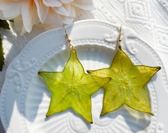 Real Star Fruit Earrings, Handmade Dried Carambola Earrings, Pressed Star Fruit Earrings, Resin Fruit Jewelry, Birth Christmas Gift for Her