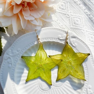 Real Star Fruit Earrings, Handmade Dried Carambola Earrings, Pressed Star Fruit Earrings, Resin Fruit Jewelry, Birth Christmas Gift for Her