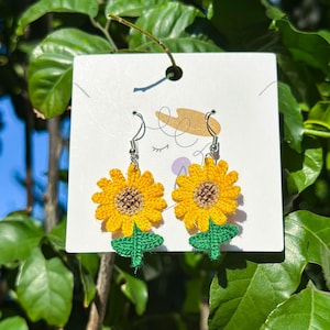 Handmade Crochet Sunflower Earrings, Red Flower Crochet Earrings, Silver Earrings, Crochet Jewelry, Birthday Gift, Christmas Gift For Her