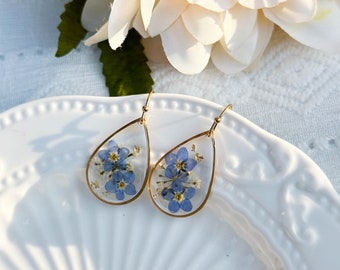 Forget Me Not Real Flower Earrings, 14K Gold Foil Pressed Flower Earrings, Dried Flower Resin Earring, Natural Jewerly, Christmas Birth Gift