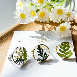 Handmade US 7 Real Fern Leaf Ring, Dried Pressed Leaves Ring, Green Leaf Resin Ring, Natural Jewelry, Christmas Anniversary Birthday Gift