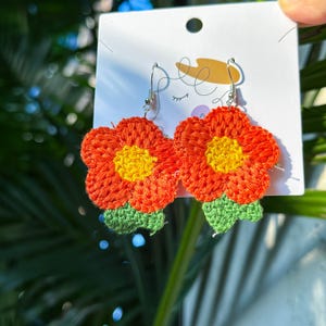Handmade Crochet Sunflower Earrings, Red Flower Crochet Earrings, Silver Earrings, Crochet Jewelry, Birthday Gift, Christmas Gift For Her