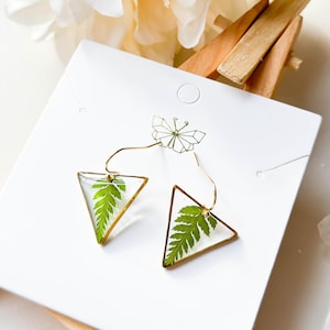 Real Fern Leaf Earrings, Pressed Leaf Earrings, Dried Leaves Resin Earrings, Triangle Earrings, Natural Jewelry, Christmas Birthday Gift