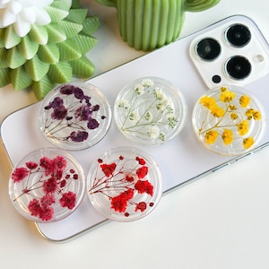 Real Baby‘s Breath Flower Phone Grip Holder, Handmade Gypsophila Pressed Flower Phone Stand, Dried Flower Transparent Phone Grip Holder Gift