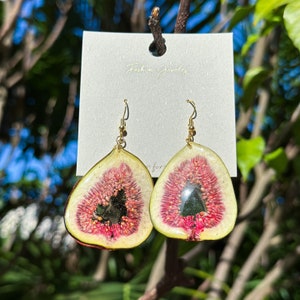 Real Fig Fruit Earrings, Handmade Dried Fig Earrings, Pressed Fig Teardrop Fruit Earrings, Resin Fruit Jewelry, Birth Christmas Gift for Her