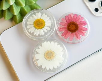 Real Daisy Flower Phone Grip Holder, Handmade Pressed Flower Phone Stand, Dried Flower Transparent Phone Grip Holder, Birthday Gfit For Her