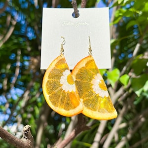 Real Orange Fruit Earrings, Handmade Dried Daisy Flower Earrings, Pressed Orange Fruit Earrings, Resin Fruit Jewelry, Christmas Gift for Her