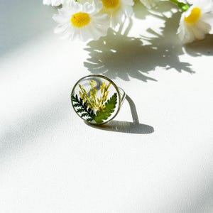 Handmade US 7 Real Fern Leaf Ring, Dried Pressed Leaves Ring, Green Leaf Resin Ring, Natural Jewelry, Christmas Anniversary Birthday Gift