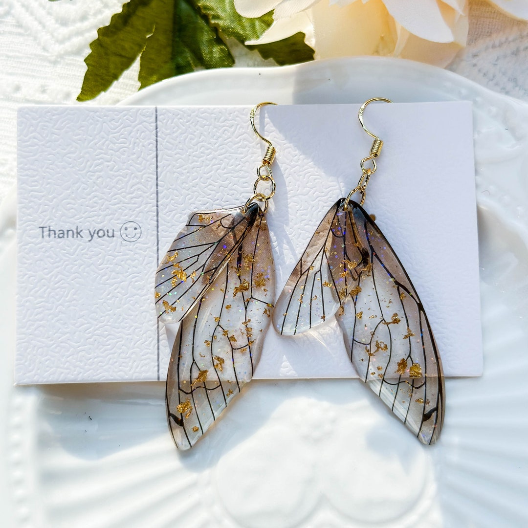 Handmade Butterfly Wing Earrings, Gold Foil Butterfly Earrings, Resin