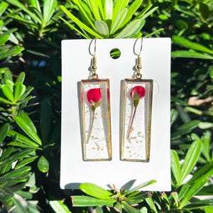 Real Rose Flower Earrings, Handmade Dried Rose Gold Earrings, Red Rose Pressed Flower Earrings, Resin Flower Jewelry, Christmas Gift For Her