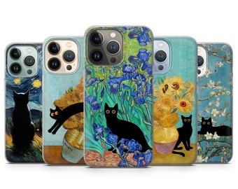 Van Gogh Phone Case Cat Meme Parody Cover fit for iPhone 15 Pro Max, 14 Plus, 13, 12, 11, XR & Samsung S24, S23, A54, A53, Pixel 8, 7A