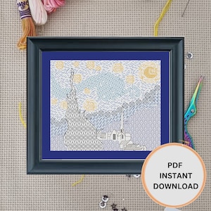 Könnte beinhalten: Ein Kreuzstichmuster von Vincent van Goghs Sternennacht. Das Muster ist in Schwarzweiß mit blauen, gelben und weißen Akzenten. Das Muster ist in einem schwarzen Rahmen gerahmt. Das Bild enthält den Text "PDF INSTANT DOWNLOAD".