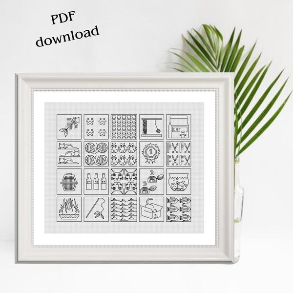 Blackwork Embroidery Pattern -All about cats - Blackwork Pattern of cat related items for relaxing stitching