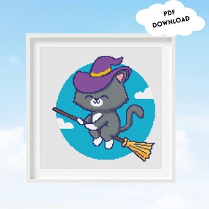 May include: A cute gray cat wearing a purple witch hat with a yellow band flies on a broomstick with yellow bristles. The cat is flying in a blue circle with white clouds.