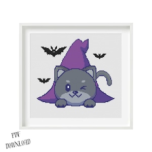 May include: A cross stitch pattern featuring a cute gray cat wearing a purple witch hat with a pointed tip. The cat is winking and has a small tail. There are three black bats flying in the background.