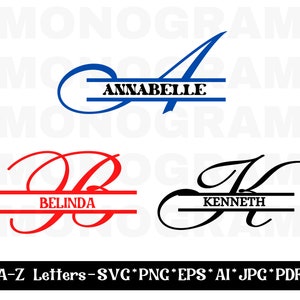 Puede incluir: Tres diseños de monogramas con una fuente de estilo dividido. El primer diseño es azul con el nombre "Annabelle" en una pancarta blanca. El segundo diseño es rojo con el nombre "Belinda" en una pancarta blanca. El tercer diseño es negro con el nombre "Kenneth" en una pancarta blanca.