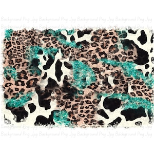 May include: A digital design featuring a blend of animal prints. The design combines leopard spots in brown and tan with cowhide patches in black and white, accented with teal glitter.