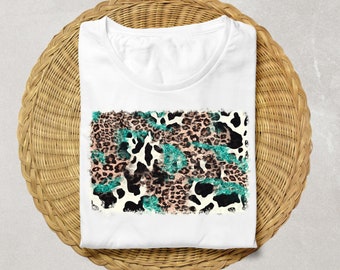 Cowhide Leopard Turquoise Glitter Background PNG Sublimation Design, Western Background PNG, Western Cowhide PNG Digital Download