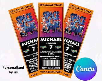 Space Jam verjaardagsuitnodiging, Space Jam verjaardagsuitnodiging ticket, Space Jam verjaardagsdecoratie bewerkbare gepersonaliseerde afdrukbare digitaal