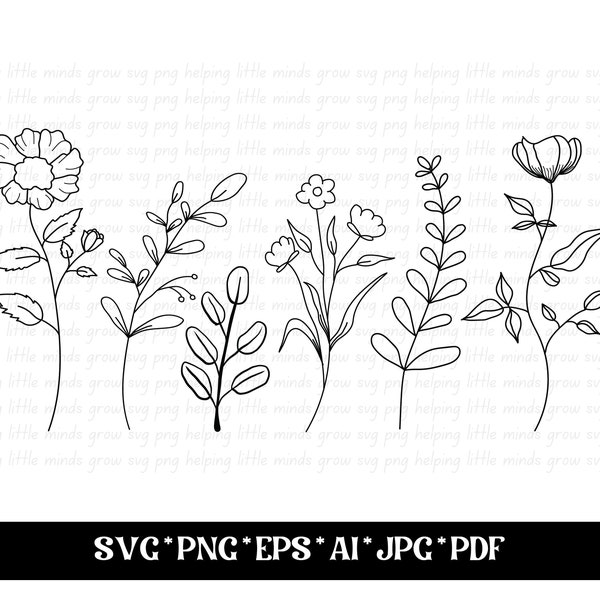 Wildflowers SVG, Wild flower SVG, Flower Sketch SVG, Floral Frame Svg, Wildflower Clipart Digital Download Svg Png Eps Ai Jpg Pdf