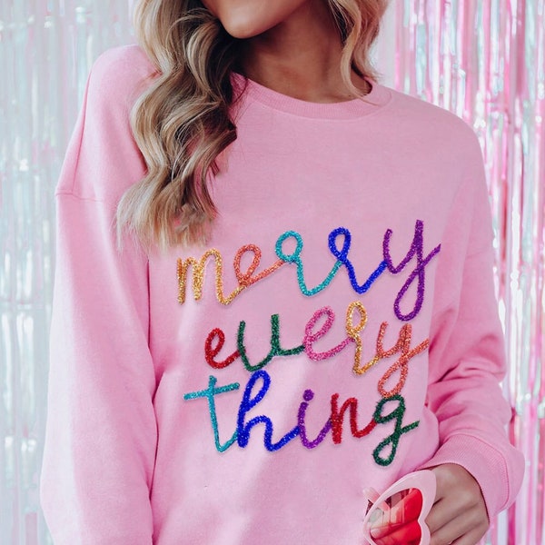 Pink Merry Christmas Script Sweater, Christmas Women's Sweater, Knitting Line Pullover Sweater, Christmas Knit Sweater