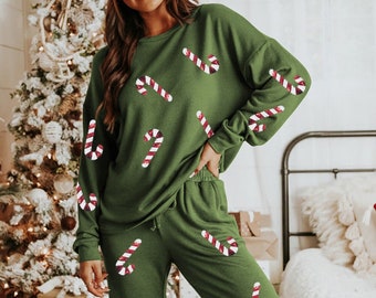 Spinach Green Sequin Christmas Cane Pattern Casual Sweatshirt,Christmas Print Pullover and Lounge Pants Set,Christmas Gift,Sister Gift