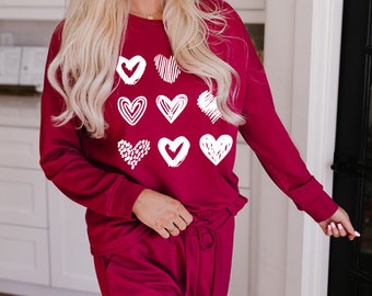 Red Heart Graphic Pullover and Drawstring Pants Lounge Set Family Comfort Sweatshirt Set, Casual Set