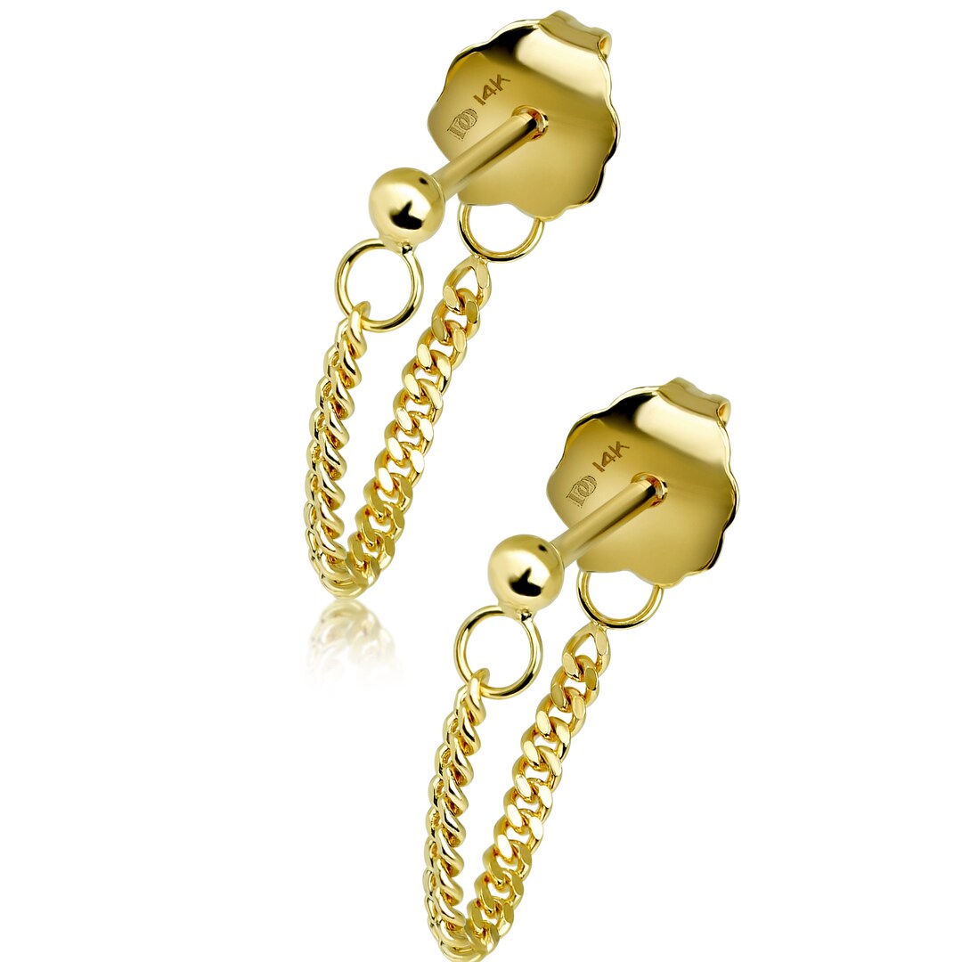 14k Solid Gold Earrings, Curb Chain Fronttoback Earrings, Gold Chain