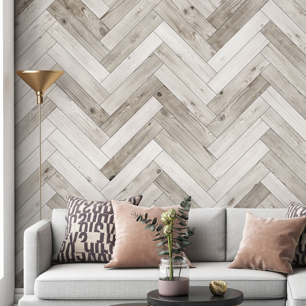 Herringbone Whitewashed Barn Wood Planks Mural Wallpaper, Accent, Wall Art, Peel and Stick Wall Mural