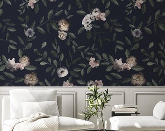 Carta da parati murale con motivo floreale scuro staccabile e attaccabile