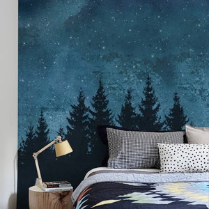 Arbres de la forêt, scène de nuit, papier peint mural, bleu marine, très grande oeuvre d'art murale, papier peint mural