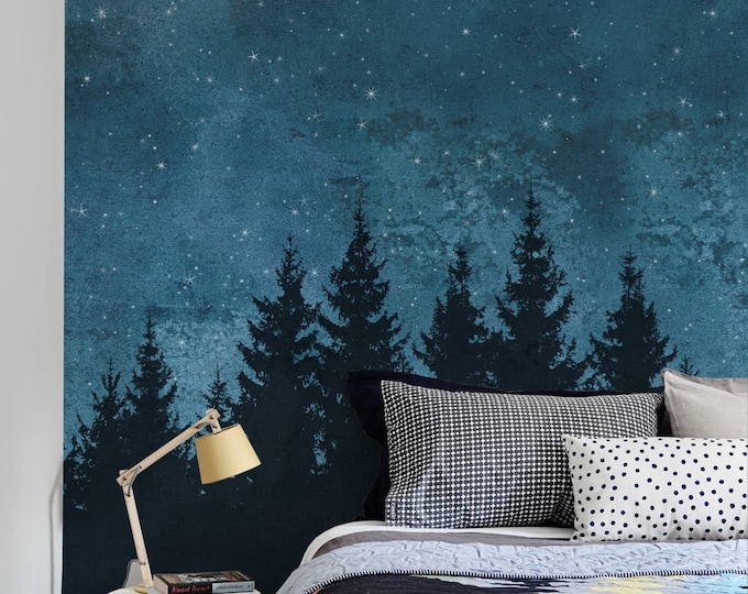 Forest Trees Night Scene Mural Wallpaper, Navy, Extra Large Wall Art ...