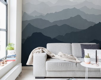 Mountain Mural Wallpaper, Grayish Navy, Ombre Mountain Extra Large Wall Art, Peel and Stick Wall Mural