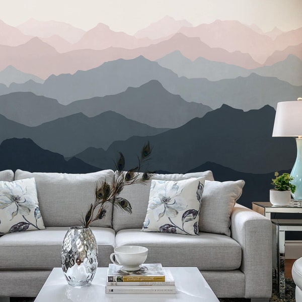 Mountain Mural Wallpaper, Grayish Navy Pale Pink, Mountain Extra Large Wall Art, Peel and Stick Wall Mural